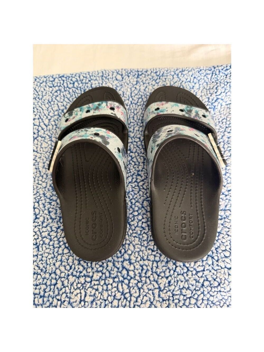 Crocs Comfort Slides Sandals Women's Size 6 Black Teal Pink Speckle